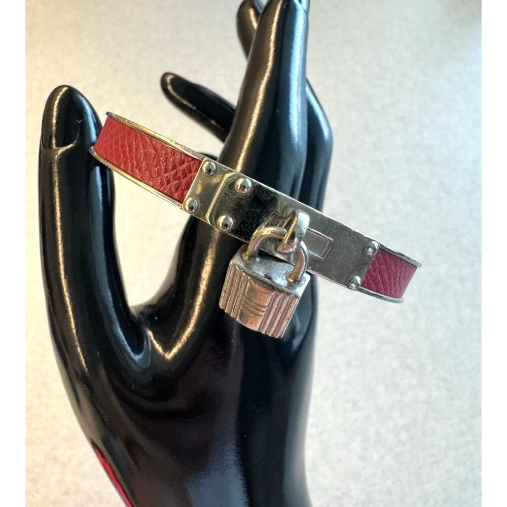 Hermes Red Lizard Palladium Kelly Padlock Bangle Bracelet 7.5" Authentic CoA‎